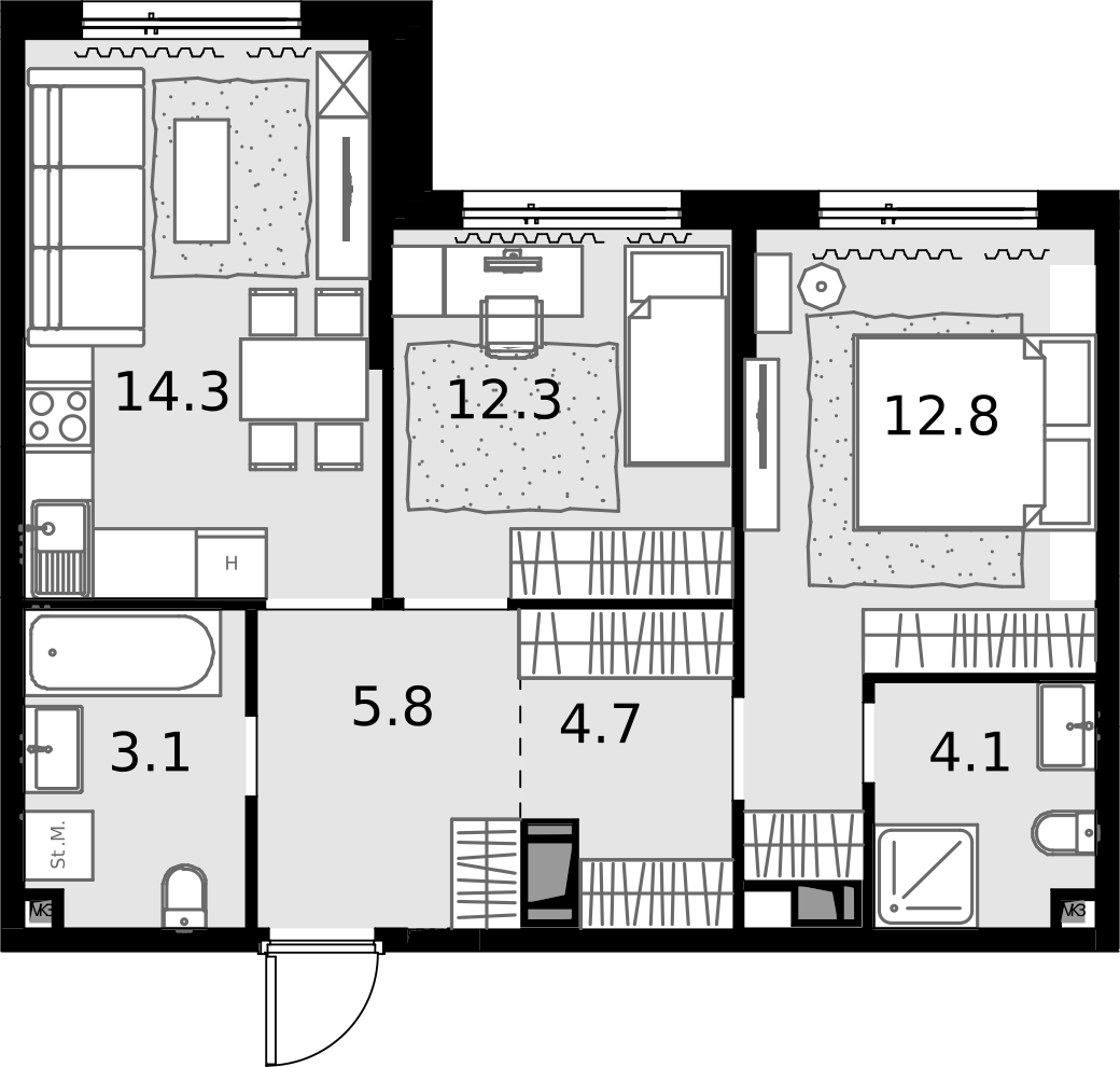 2 комн. квартира, 57.1 м², 26 этаж  (из 28)