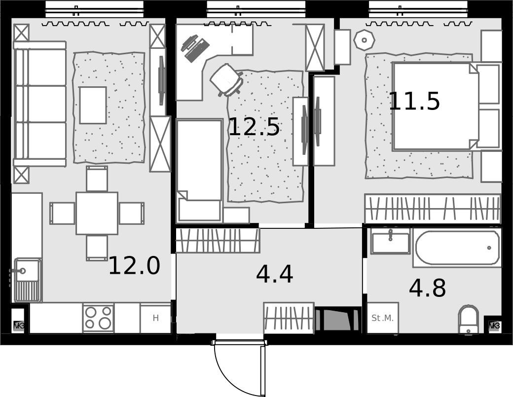 2 комн. квартира, 52.7 м², 21 этаж  (из 28)