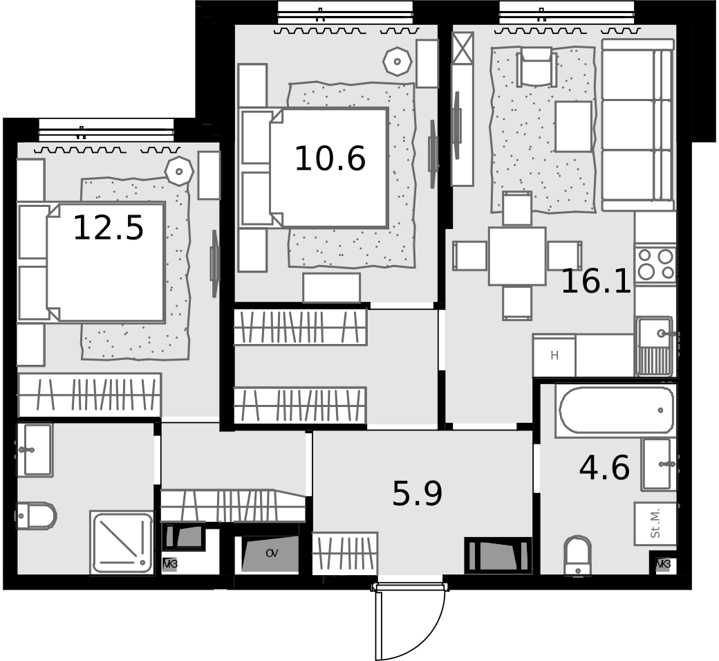 2 комн. квартира, 61.5 м², 26 этаж  (из 28)