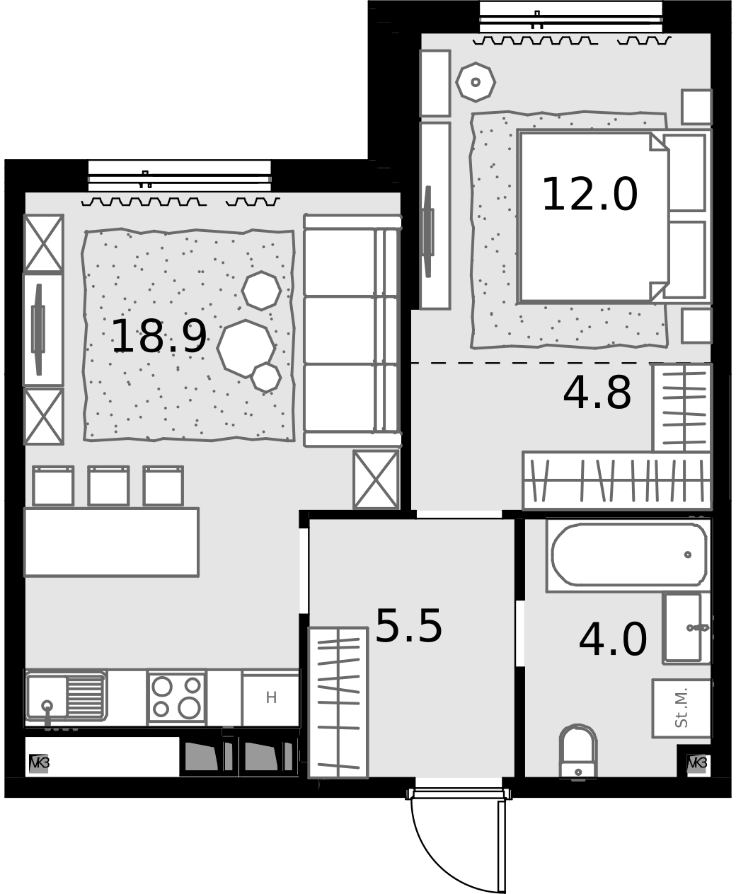 1 комн. квартира, 45.2 м², 22 этаж  (из 28)