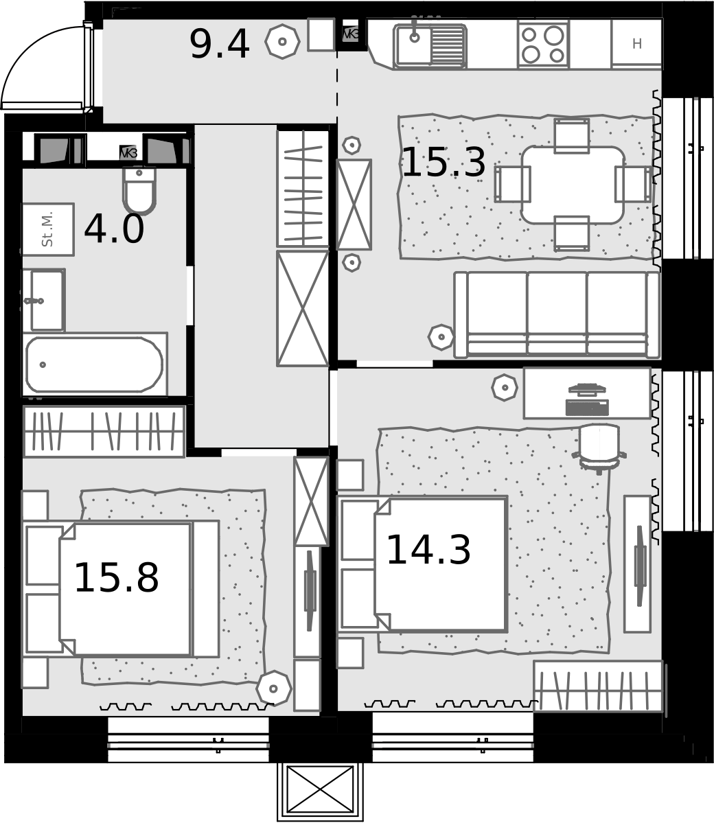 2 комн. квартира, 58.9 м², 25 этаж  (из 28)