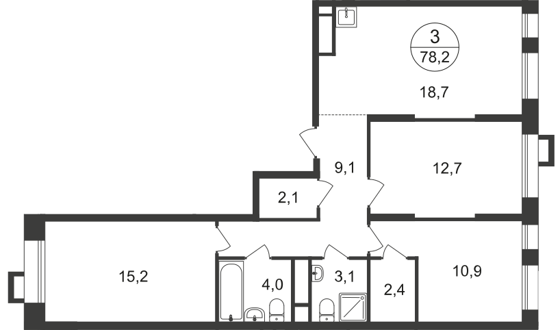 3 комн. квартира, 78.2 м², 4 этаж  (из 21)