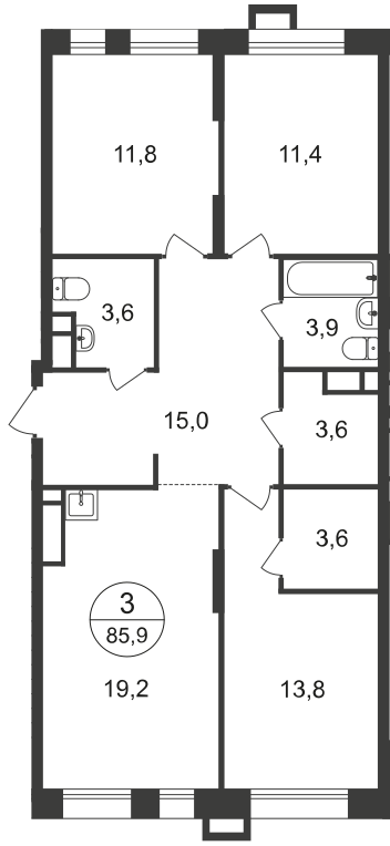 3 комн. квартира, 85.9 м², 10 этаж  (из 21)