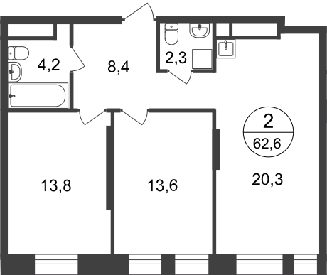 2 комн. квартира, 62.6 м², 16 этаж  (из 22)