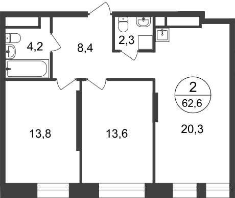 2 комн. квартира, 62.6 м², 20 этаж  (из 22)