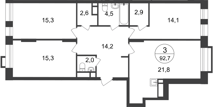 3 комн. квартира, 92.7 м², 20 этаж  (из 20)