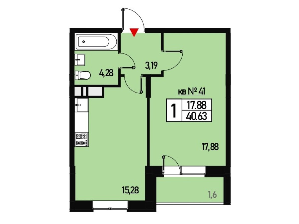 1 комн. квартира, 40 м², 3 этаж 