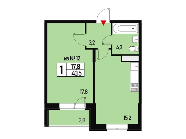 1 комн. квартира, 40 м², 2 этаж 