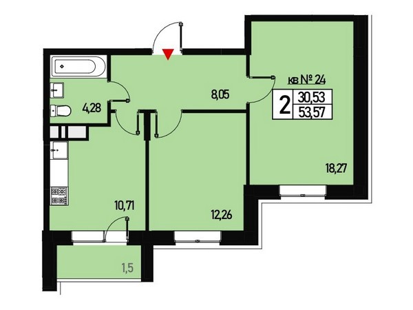 2 комн. квартира, 53 м², 1 этаж 
