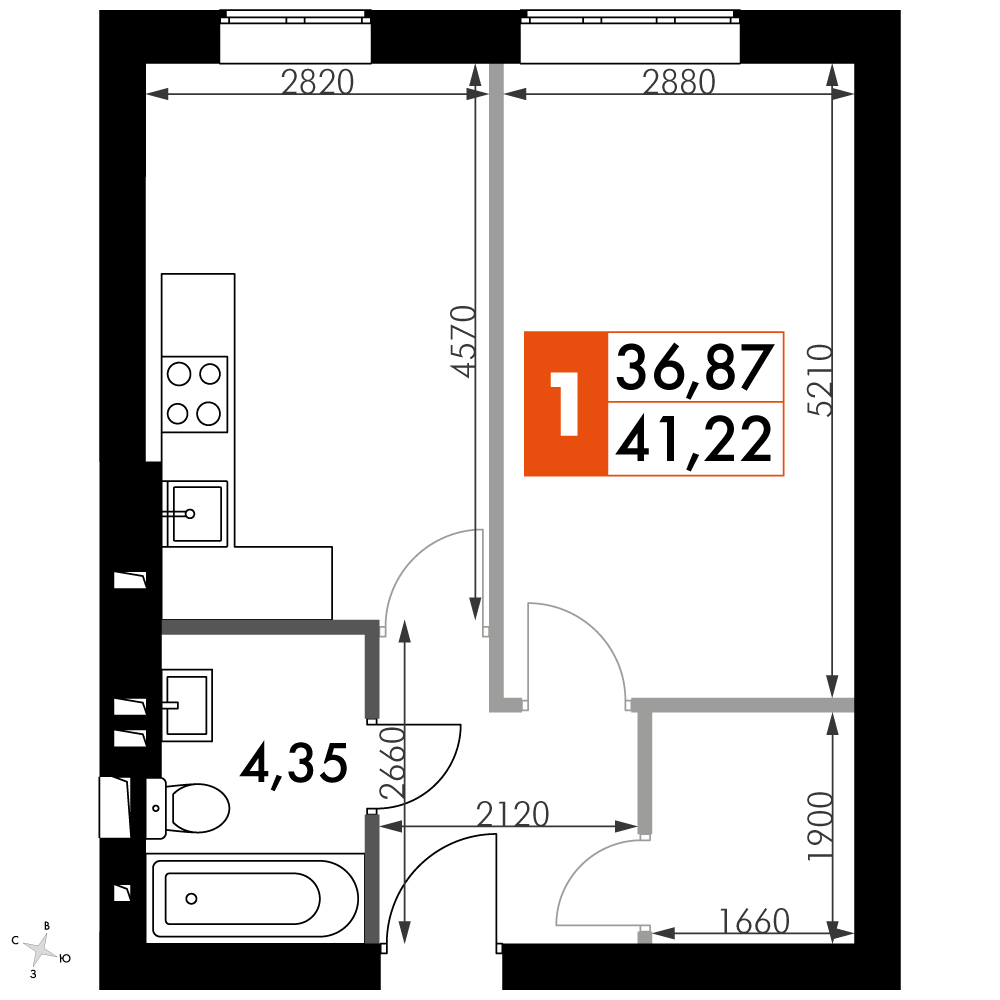 1 комн. квартира, 41.2 м², 4 этаж 