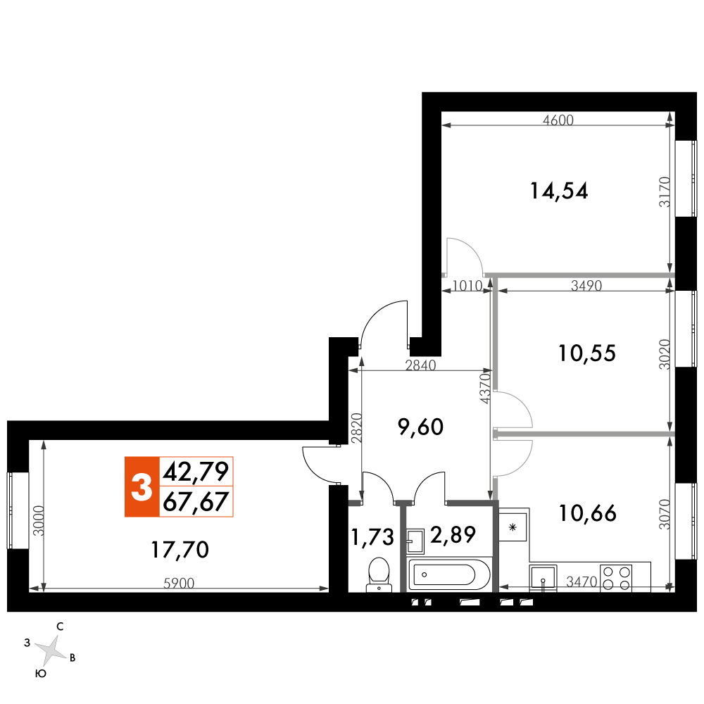 3 комн. квартира, 67.7 м², 2 этаж 