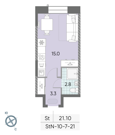 студия, 21.1 м², 8 этаж 