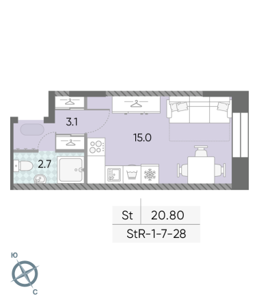 студия, 20.8 м², 25 этаж 