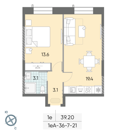 1 комн. квартира, 39.2 м², 19 этаж 