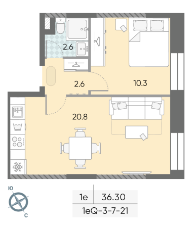 1 комн. квартира, 36.3 м², 19 этаж 