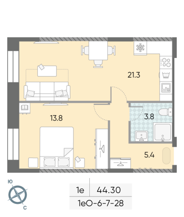 1 комн. квартира, 44.3 м², 21 этаж 