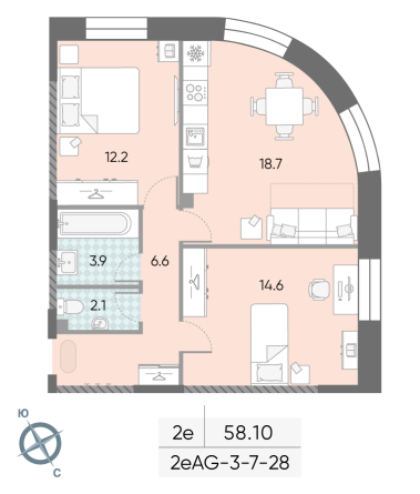2 комн. квартира, 58.1 м², 24 этаж 