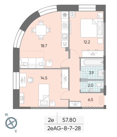 2 комн. квартира, 57.8 м², 20 этаж 