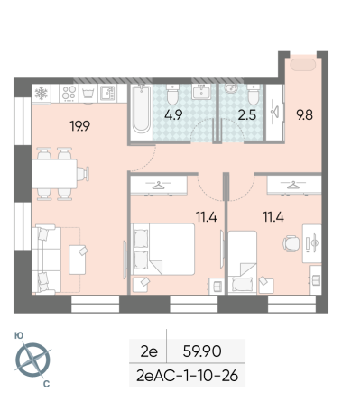 2 комн. квартира, 59.9 м², 23 этаж 