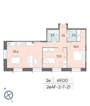 2 комн. квартира, 69 м², 10 этаж 