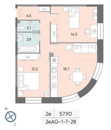 2 комн. квартира, 57.9 м², 26 этаж 