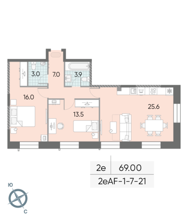 2 комн. квартира, 69 м², 20 этаж 