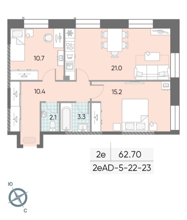 2 комн. квартира, 62.7 м², 22 этаж 