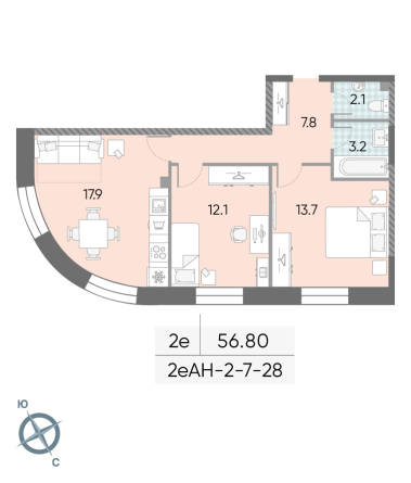 2 комн. квартира, 56.8 м², 11 этаж 