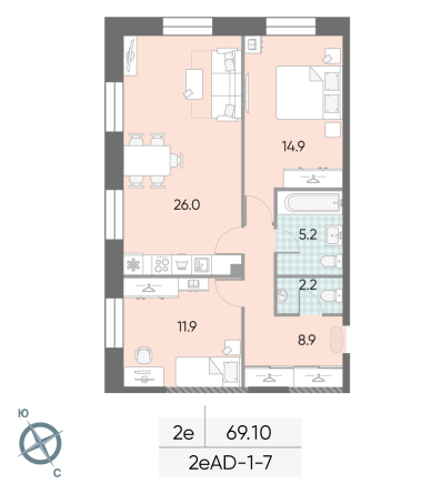 2 комн. квартира, 69.1 м², 7 этаж 