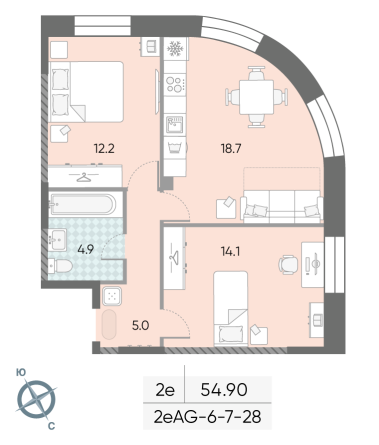 2 комн. квартира, 54.9 м², 19 этаж 