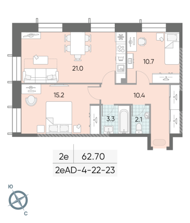 2 комн. квартира, 62.7 м², 23 этаж 