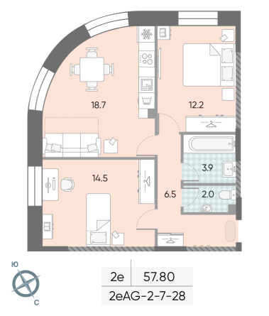 2 комн. квартира, 57.8 м², 28 этаж 