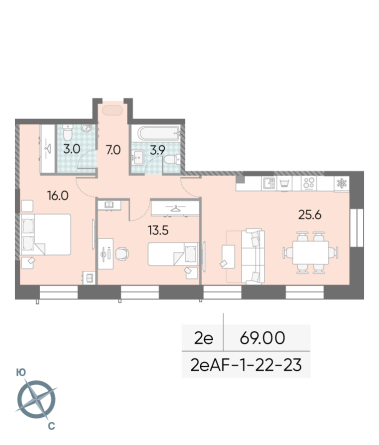 2 комн. квартира, 69 м², 23 этаж 