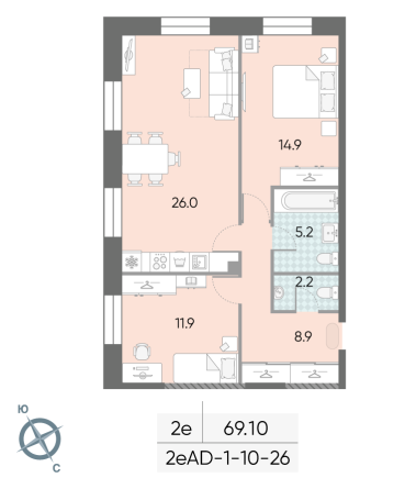 2 комн. квартира, 69.1 м², 26 этаж 