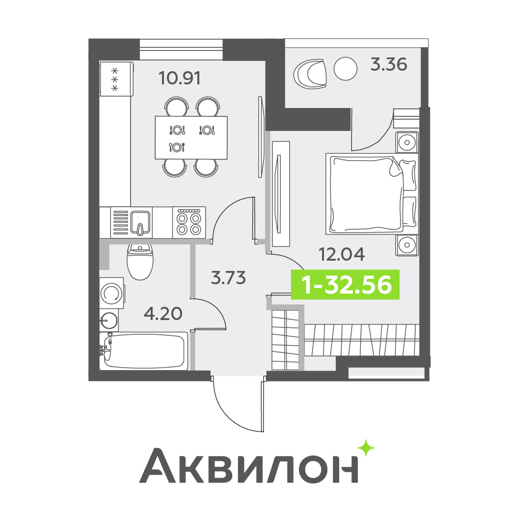 1 комн. квартира, 32.6 м², 2 этаж 