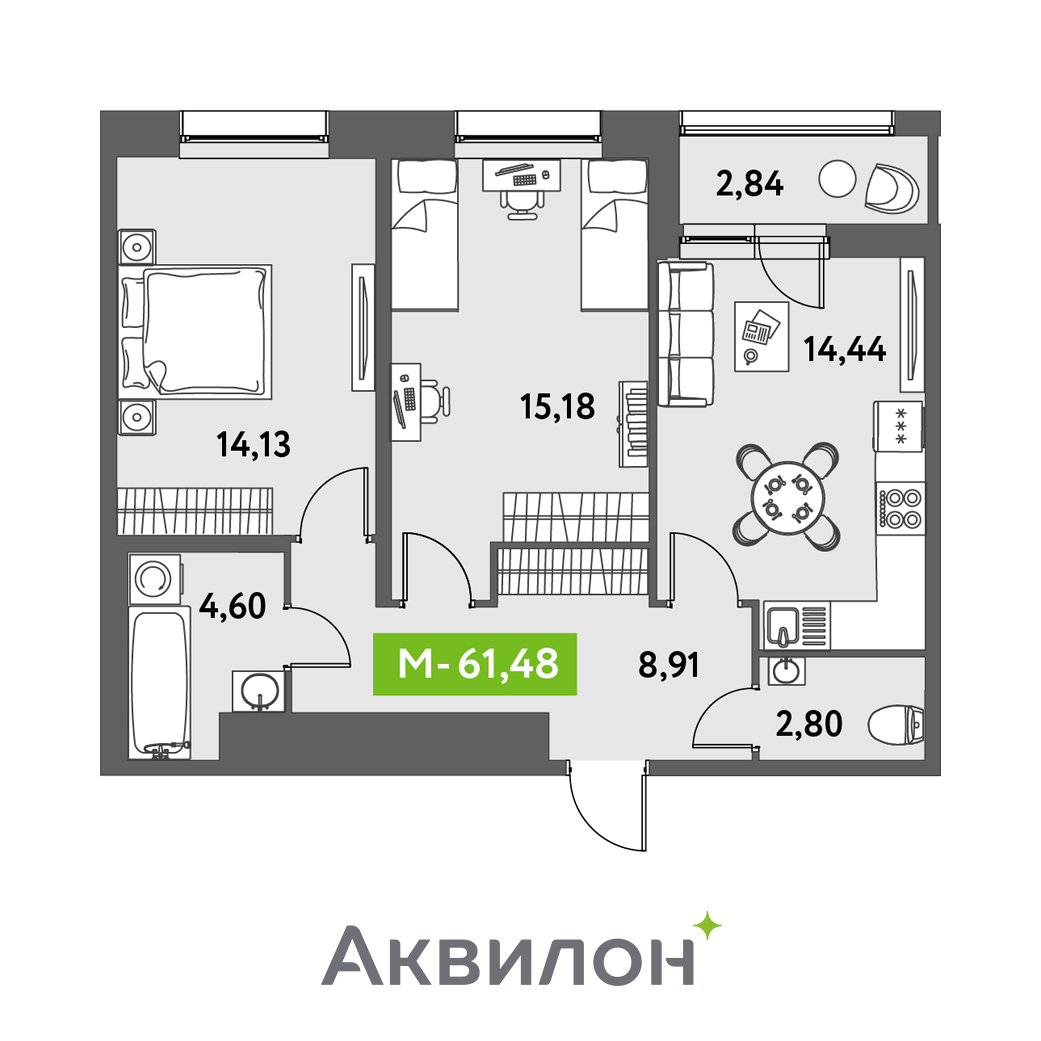 2 комн. квартира, 61.5 м², 2 этаж 