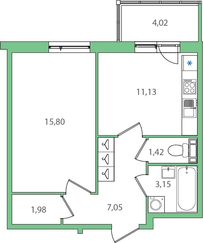 1 комн. квартира, 44.5 м², 1 этаж 