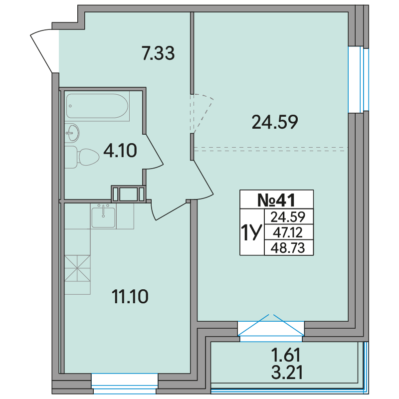 2 комн. квартира, 48.7 м², 3 этаж 