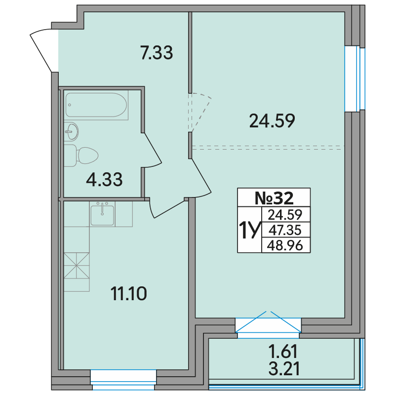 2 комн. квартира, 49 м², 2 этаж 