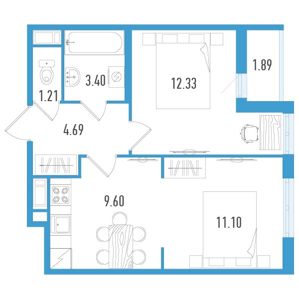 1 комн. квартира, 43.3 м², 7 этаж 
