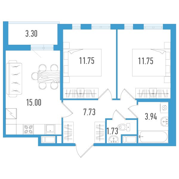 1 комн. квартира, 53.5 м², 7 этаж 