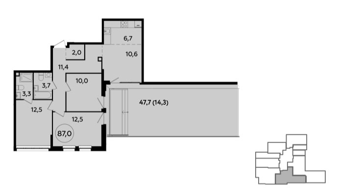 3 комн. квартира, 87.3 м², 2 этаж 