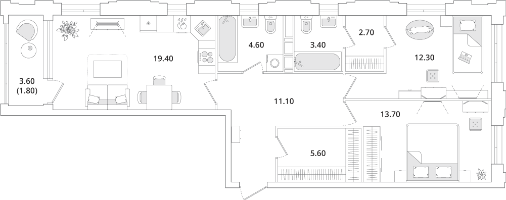 2 комн. квартира, 74.6 м², 10 этаж 