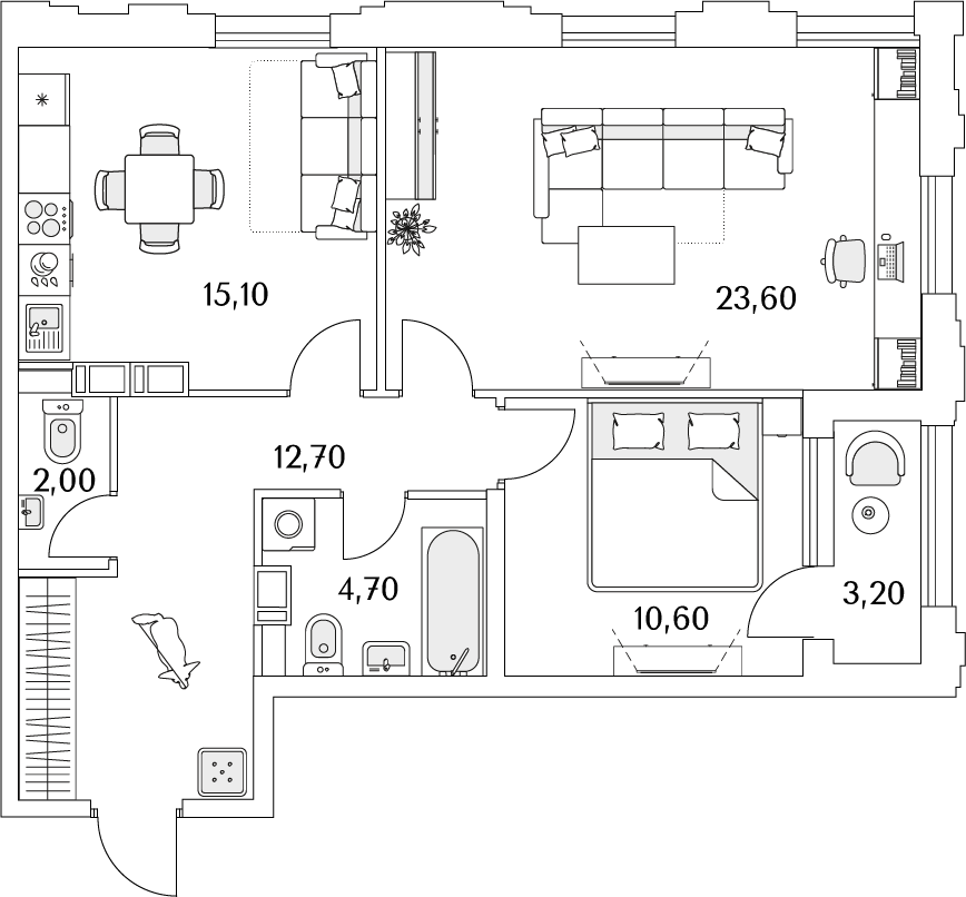 2 комн. квартира, 70.3 м², 4 этаж 