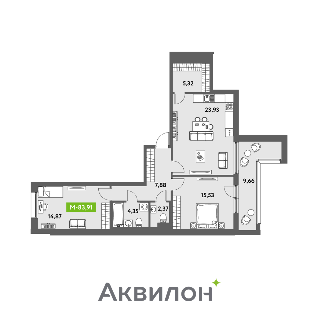 2 комн. квартира, 83.9 м², 2 этаж 