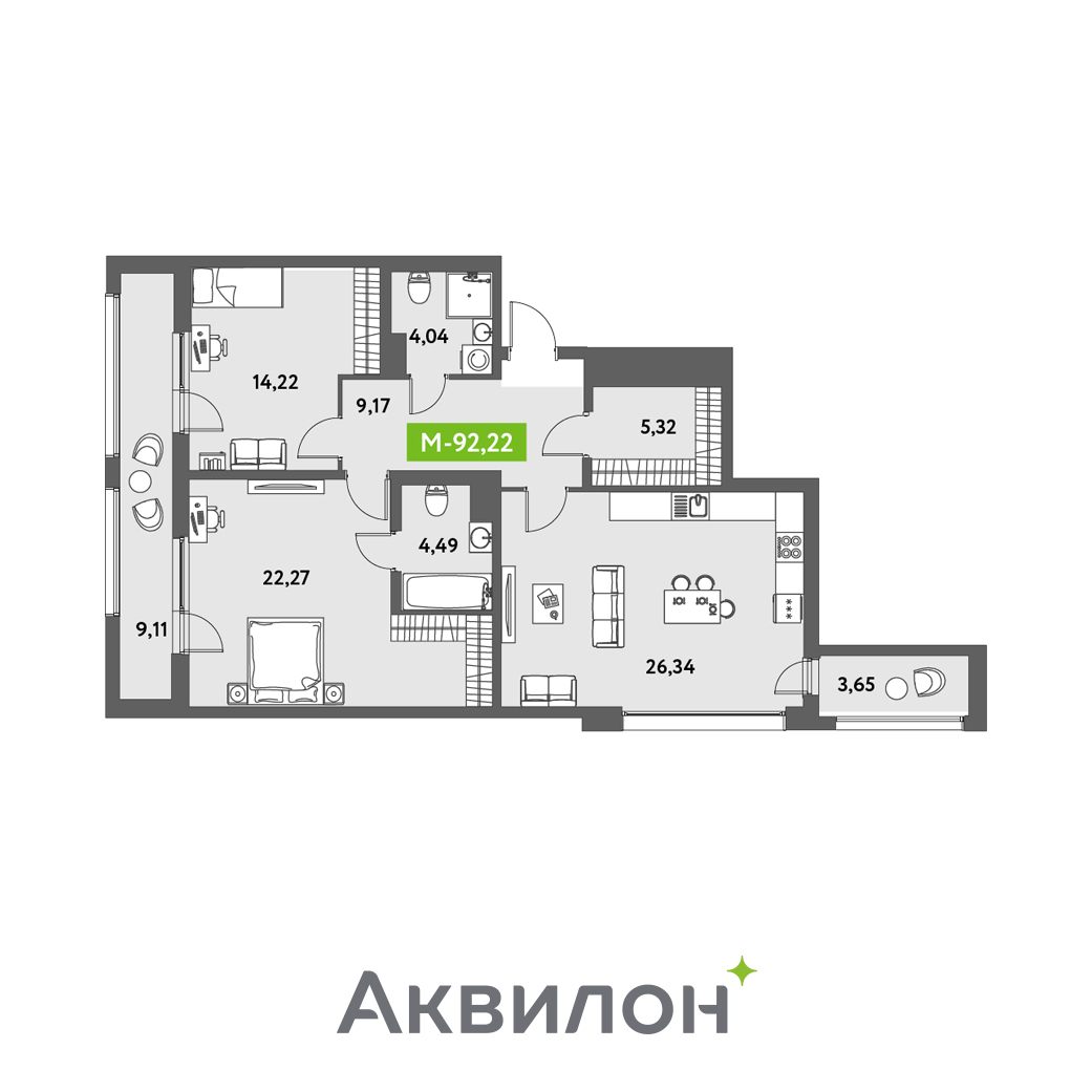 2 комн. квартира, 92.2 м², 12 этаж 