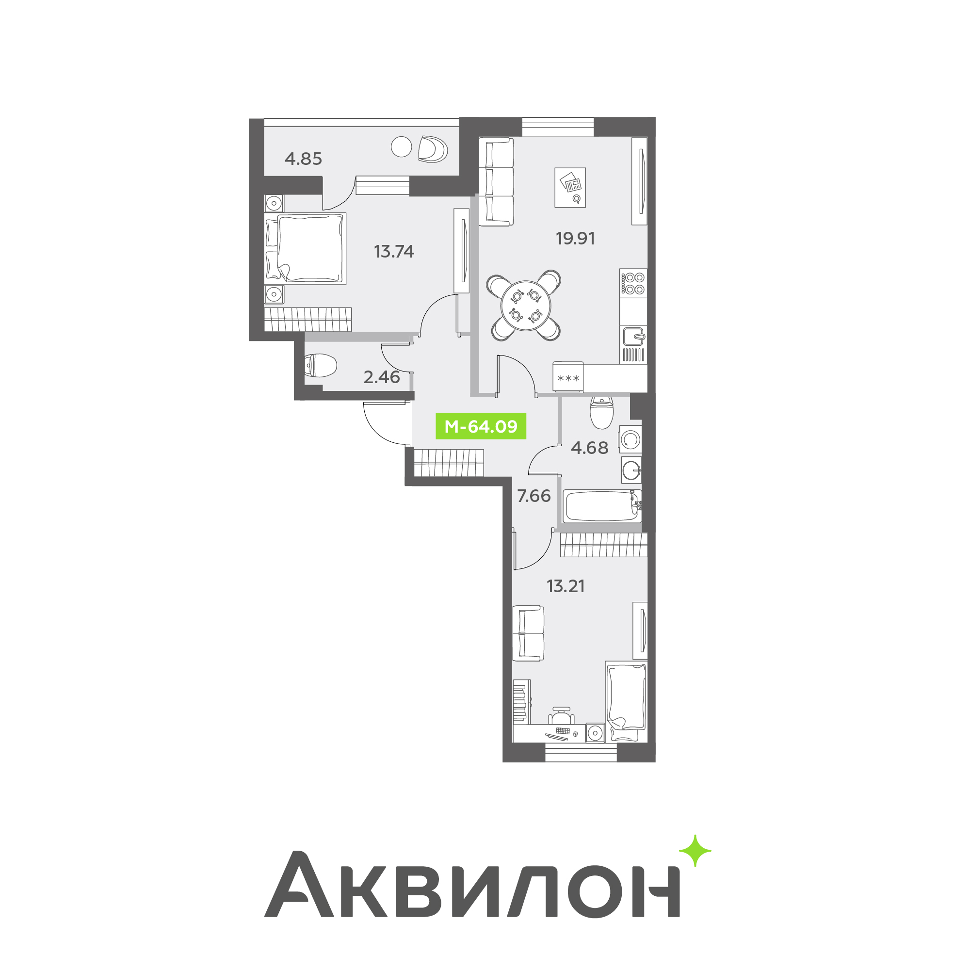 2 комн. квартира, 64.1 м², 2 этаж 