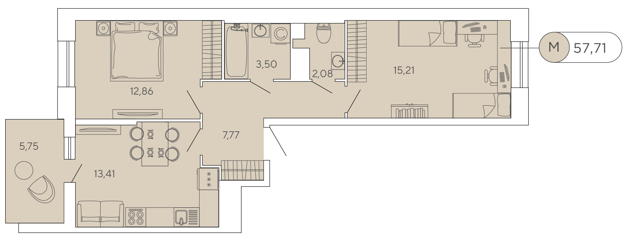 3 комн. квартира, 57.7 м², 12 этаж 