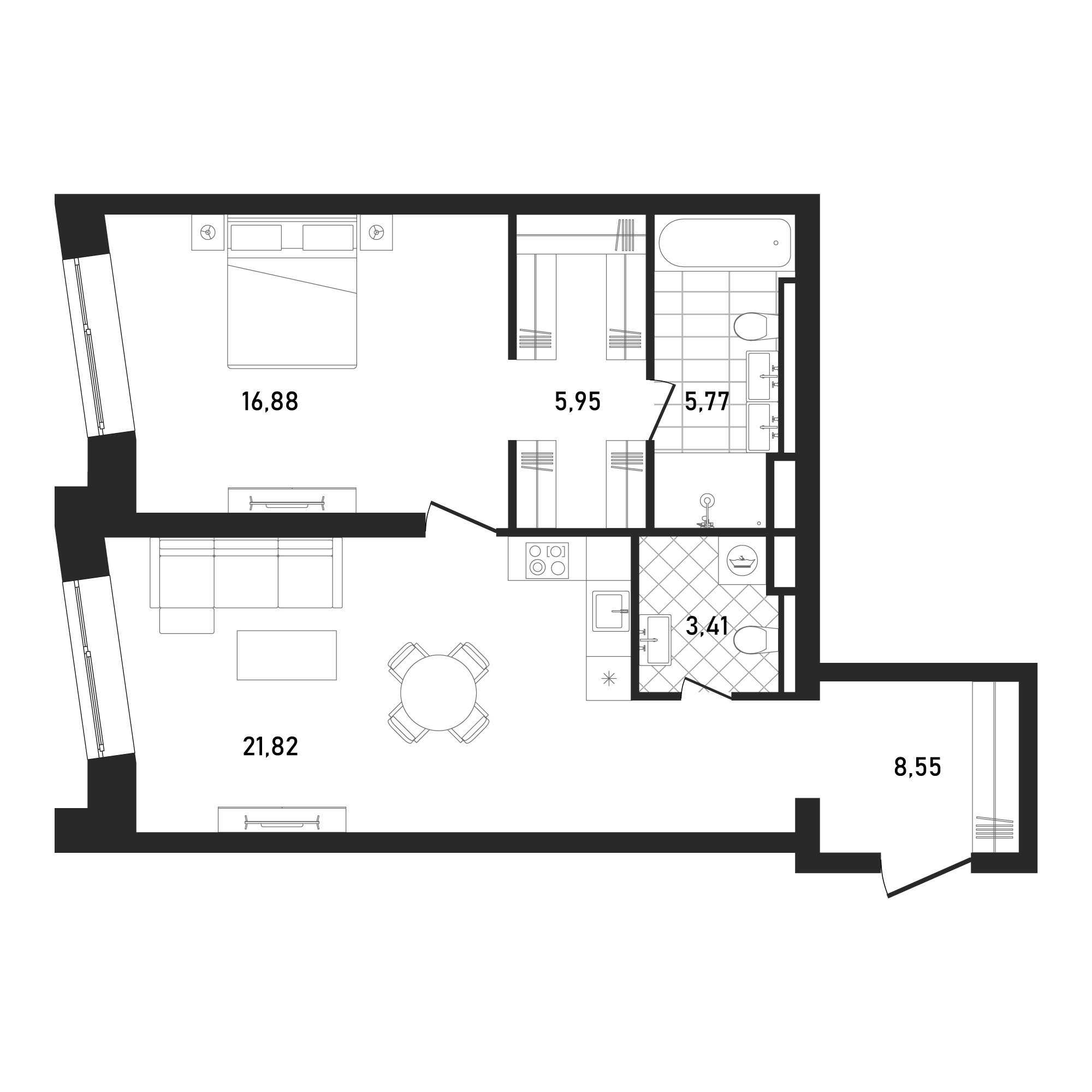 1 комн. квартира, 62.8 м², 3 этаж 