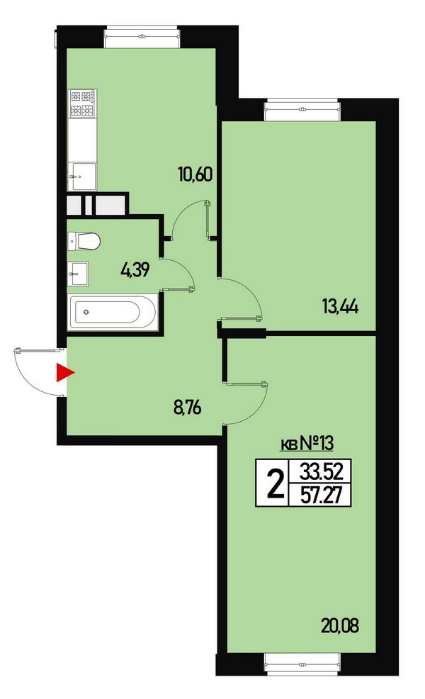 2 комн. квартира, 57 м², 2 этаж 